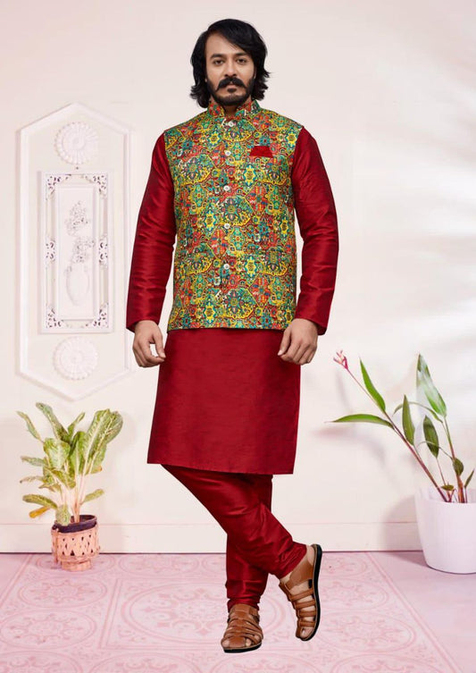 Dazzling Maroon Colored Silk Kurta And Pajama With Jacket For Men