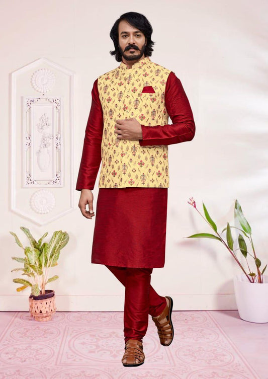 Attractive Maroon Color Silk Kurta And Pajama With Jacket And Digital Print Work