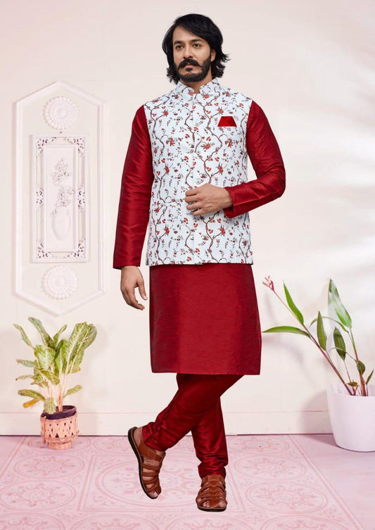 Attractive Maroon Color Silk Kurta And Pajama With Cotton Jacket For Men