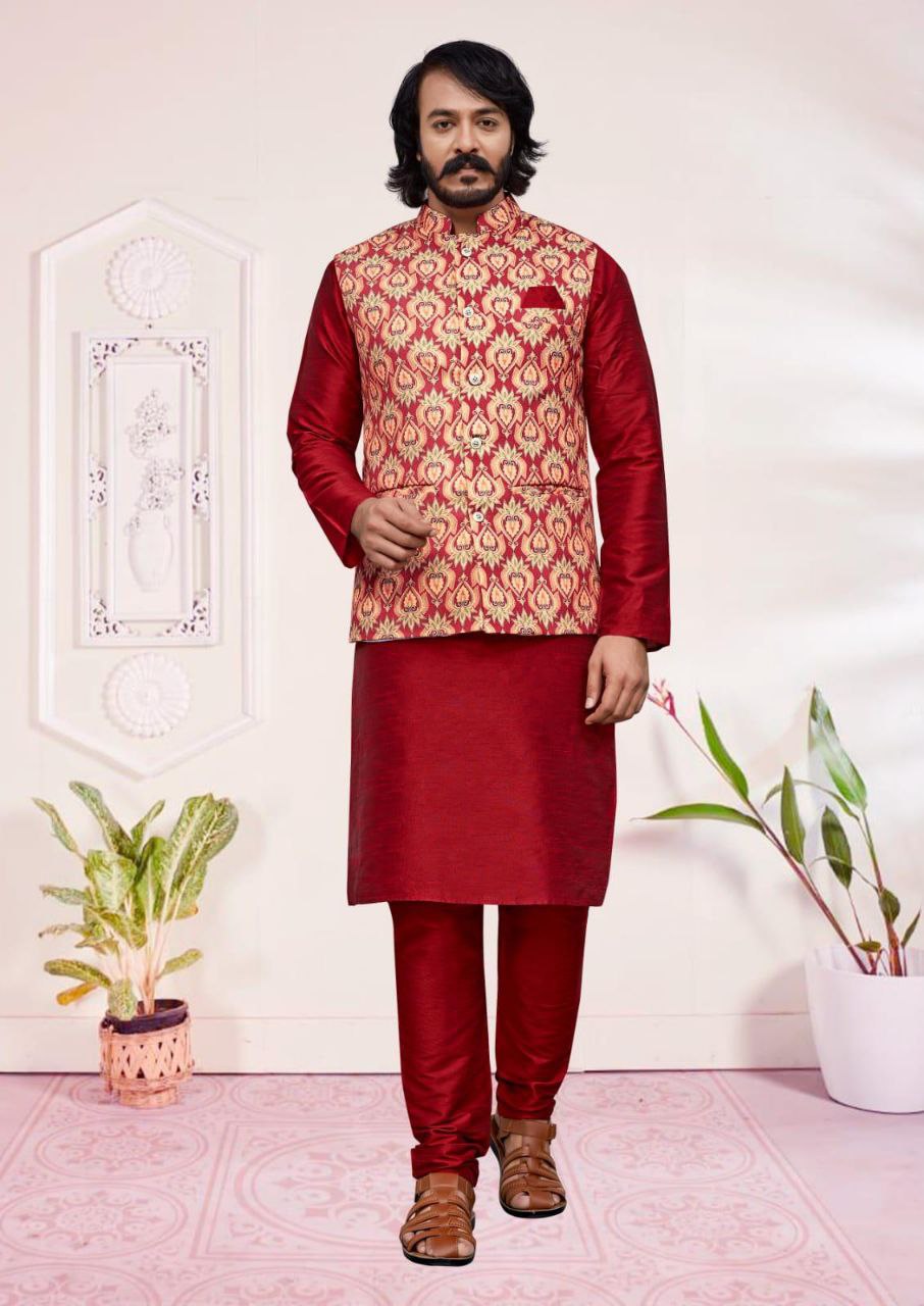 Appealing Red Color Silk Kurta And Pajama Set With Jacket For Men