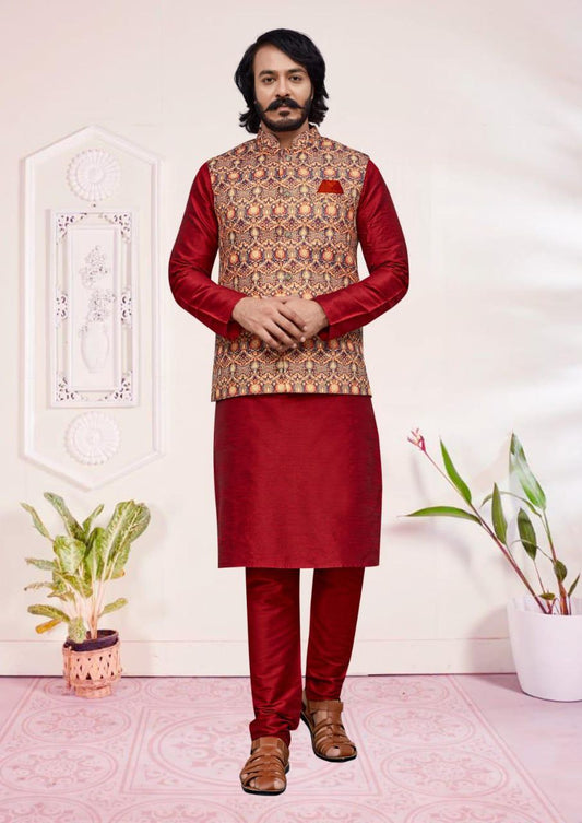Stunning Maroon Color Designer Digital Print Work Kurta And Pajama With Jacket For Men