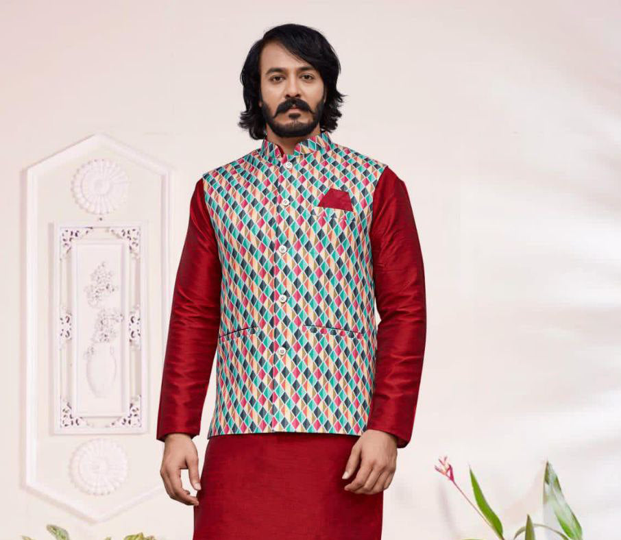 Alluring Multicolor Party Wear Silk Kurta And Pajama With Digital Print Work Jackets For Men Near Me