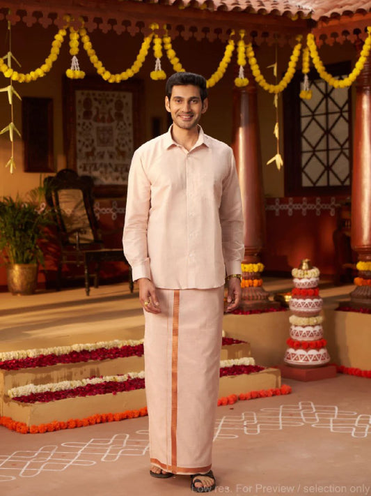 Elegant Copper Colored Tissue Zari Shirt And Dhoti Set For Men