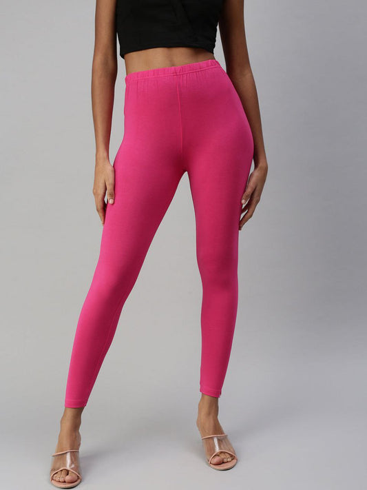 Pretty Rani Pink Color Cotton Ankle Length Leggings For Women