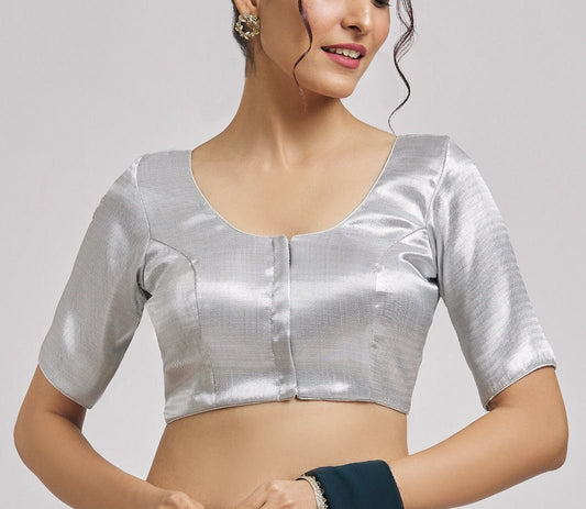Appealing Silver Color Dupion Silk Designer Blouse For Women