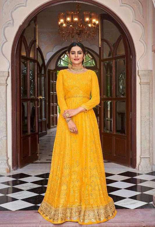 Gorgeous Yellow Colored Georgette & Chinon Long Kurtis And Suits For Women