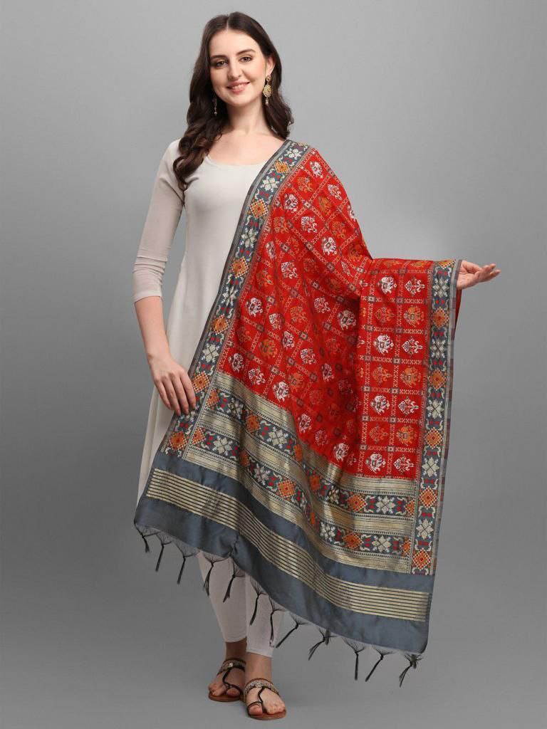 Elegant Red Colored Jacquard Banarasi Dupatta For Women