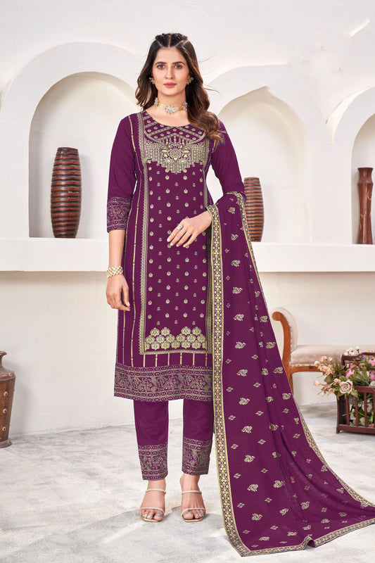 Beautiful Purple Colored Rayon Salwar Suits With Gold Print Work For Women