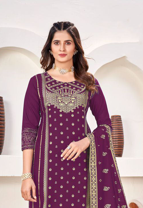 Beautiful Purple Colored Rayon Salwar Suits With Gold Print Near Me