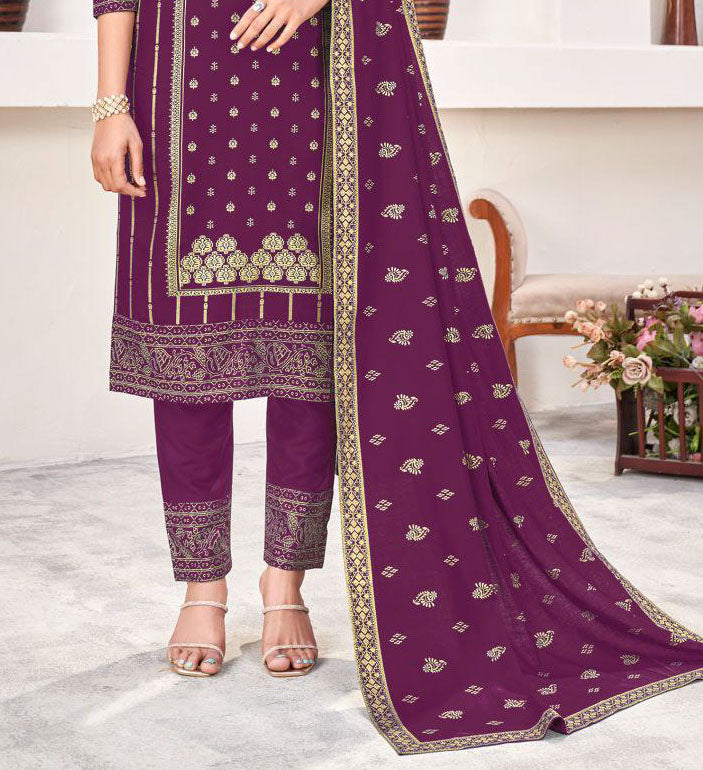 Purple Colored Rayon Salwar Suits With Gold Print Work For Women In USA