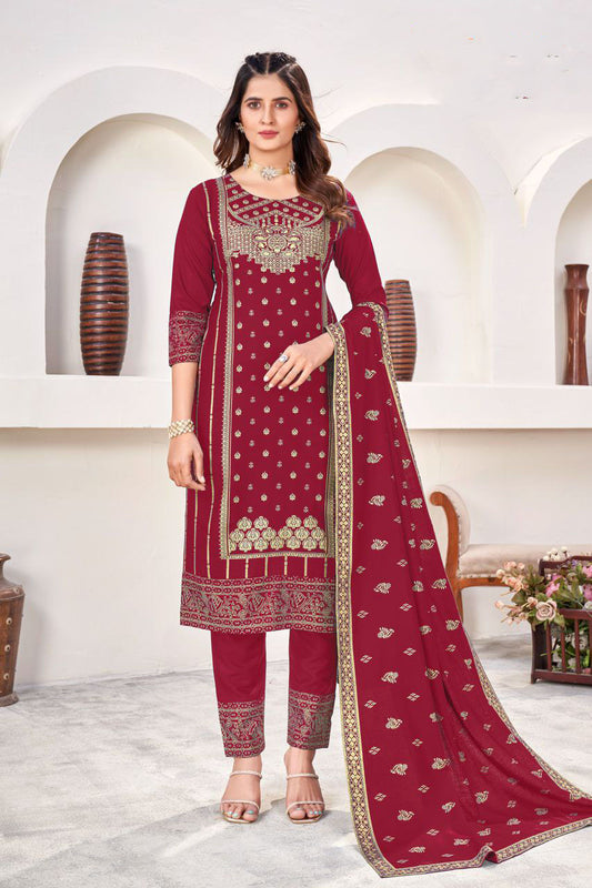 Dazzling Maroon Colored Gold Printed Work With Rayon Salwar Suits
