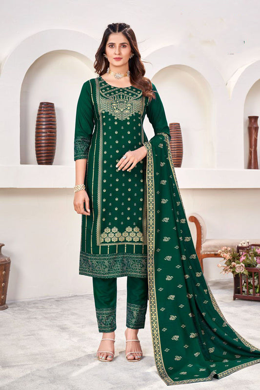 Gorgeous Green Colored Gold Print Work Rayon Salwar Suits In Near Me