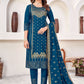 Attractive Teal Blue Colored Rayon Party Wear Salwar Suits With Gold Print Work