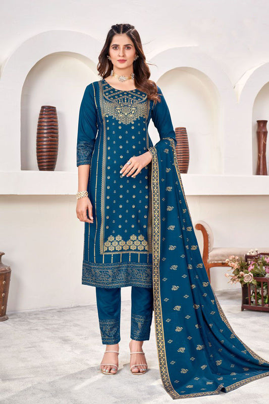 Attractive Teal Blue Colored Rayon Party Wear Salwar Suits With Gold Print Work