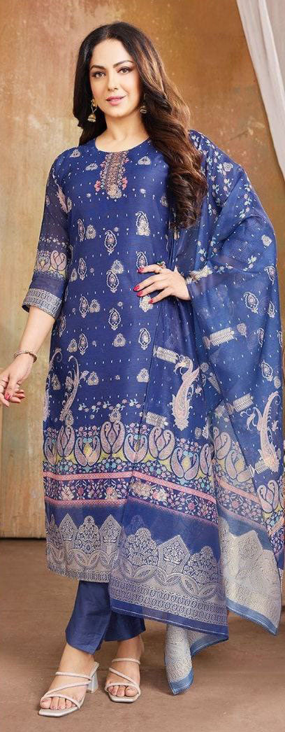 Dazzling Blue Colored Heavy Organza Salwar Suits With Fancy Banarasi Dupatta