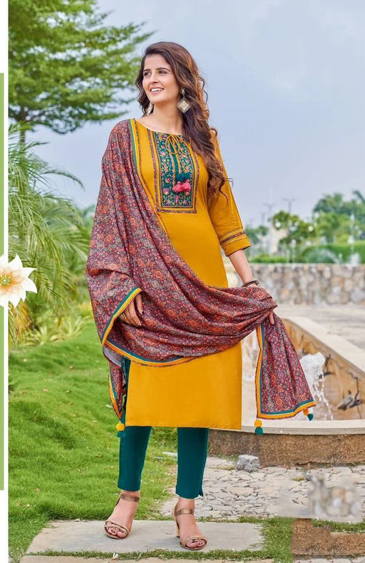 Elegant Mustard Yellow Colored Viscose Kurti With Cotton Lycra Pant Digital Print Dupatta Sets For Women