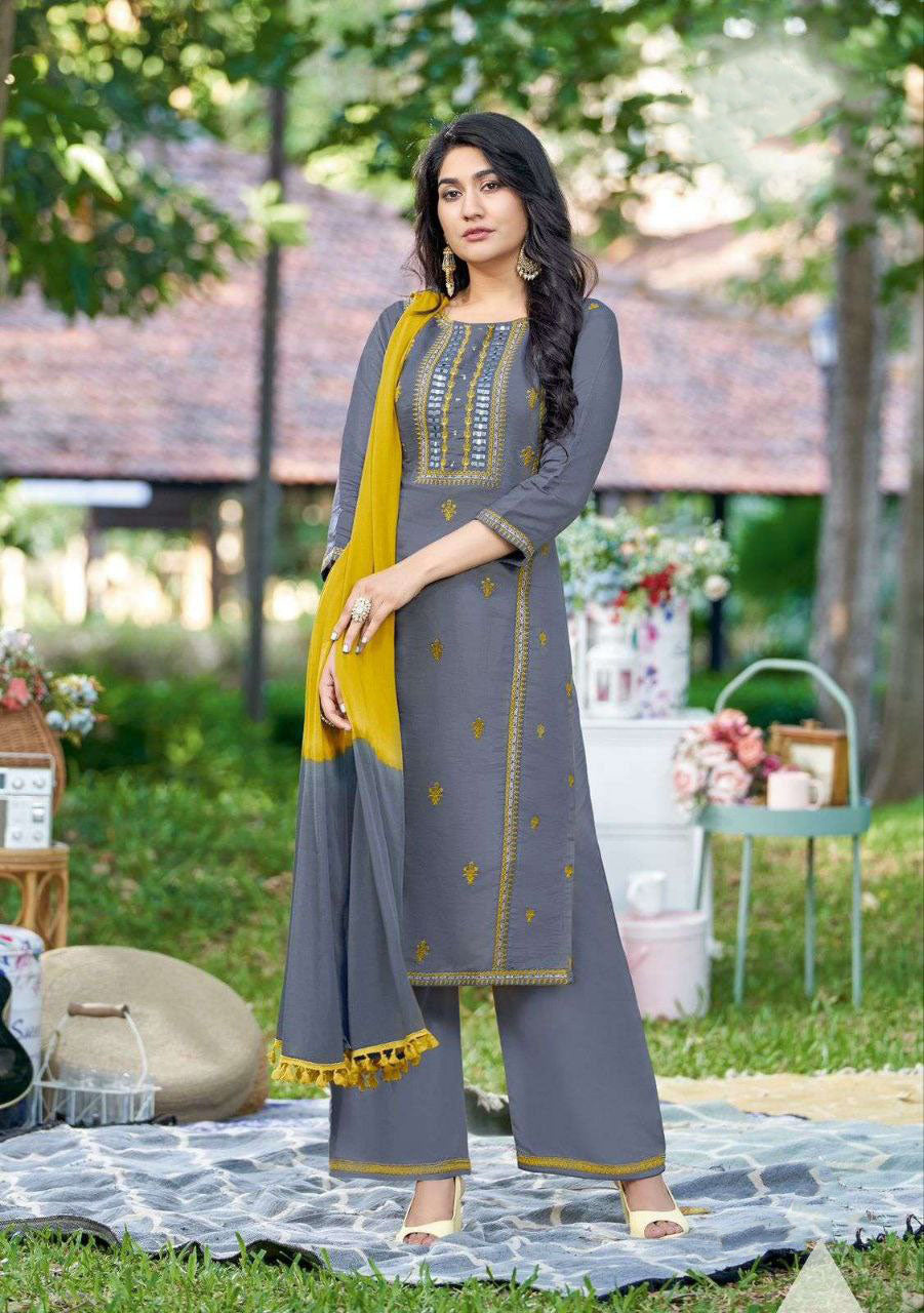 Elegant Grey Colored Ethnic Wear Salwar Suits With Dupatta