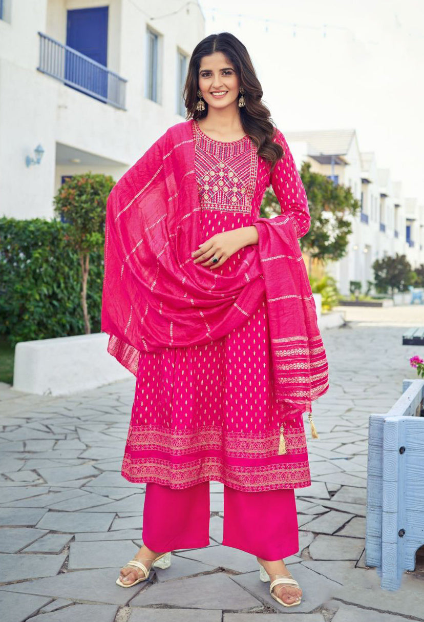 Gorgeous Pink Embellished Kurti And Palazzo Pant With Dupatta For Women