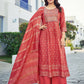 Appealing Red Color Foil Print Kurti And Palazzo Suits With Jacquard Chanderi Work Dupatta