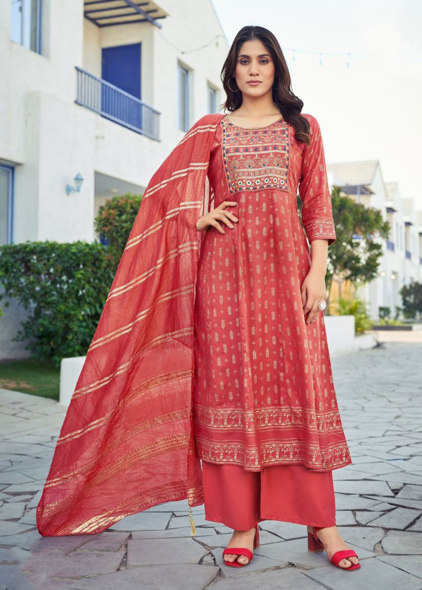 Appealing Red Color Foil Print Kurti And Palazzo Suits With Jacquard Chanderi Work Dupatta