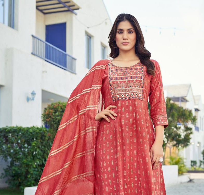 Appealing Red Color Foil Print Kurti And Palazzo Suits Near Me