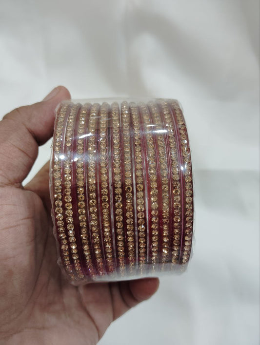 Attractive Maroon Colored Glass Bangles With Sparkling Stone For Women