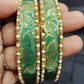 Attractive Green Color Checked Design Glass Bangles For Women