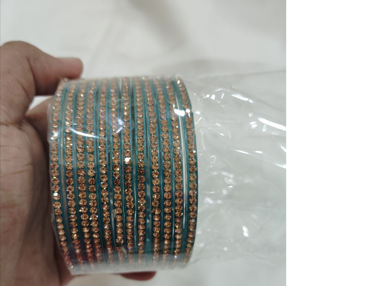 Lovely Teal Green Color Glass Bangles With Golden Stones