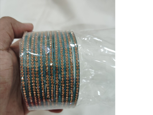 Lovely Teal Green Color Glass Bangles With Golden Stones