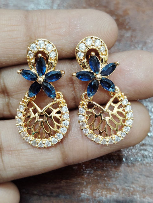 Dazzling Gold Plated Blue Color Stone Worked Earrings