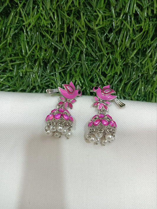 Cute Light Pink Color Oxidized Stone Worked Earrings