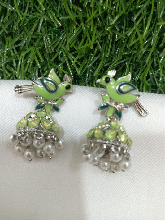 Elegant Light Green Color Oxidized Beads Worked Earrings