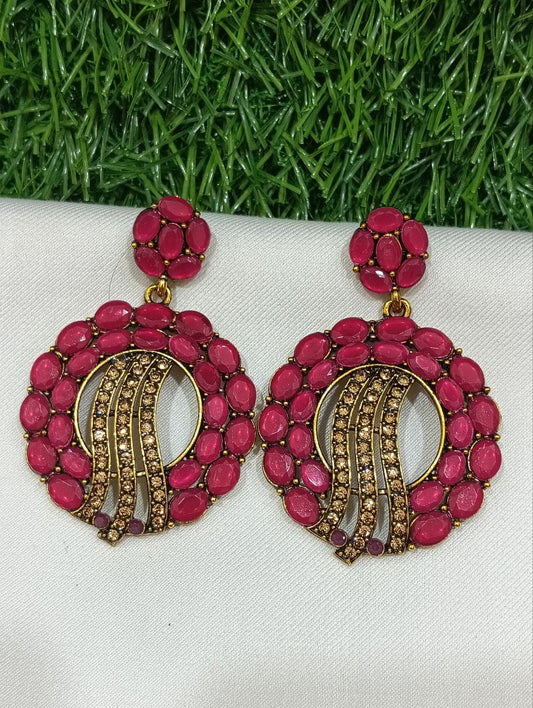 Charming Rani Pink Color Unique Designed  Stone worked Earrings