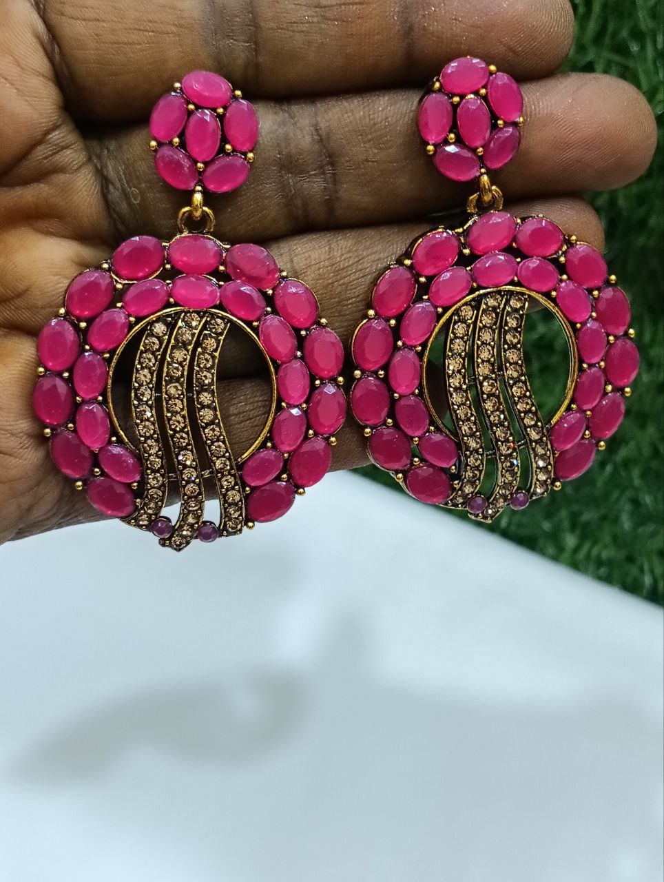 Charming Rani Pink Color Unique Designed  Stone worked Earrings Near Me