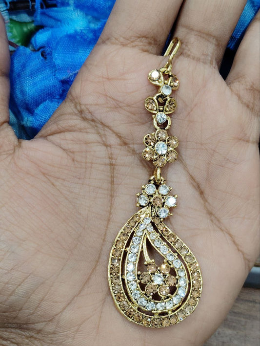 Wonderful Antique Gold Tikka With Gold And White Color Stones