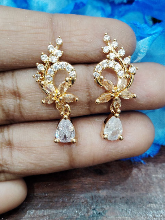 Attractive Gold Color Gold Plated White Stone Worked Earrings