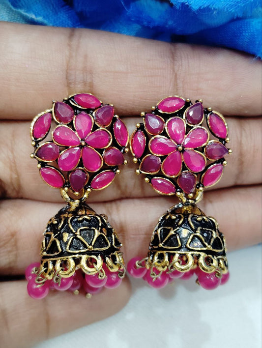 Amazing Pink Color Antique Gold Floral Design Earrings