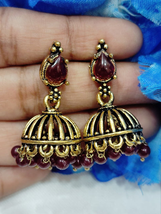 Mesmerizing Maroon Color Antique Gold Drop Design Earrings