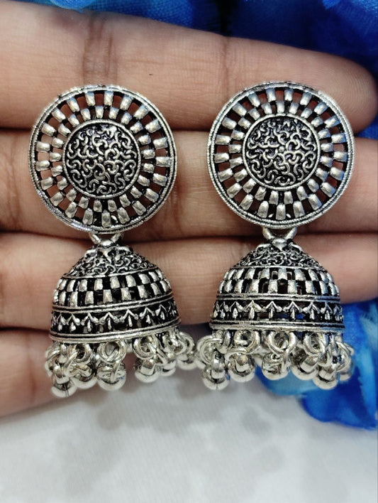 Elegant Silver Color Oxidized Jhumka Earrings For Women