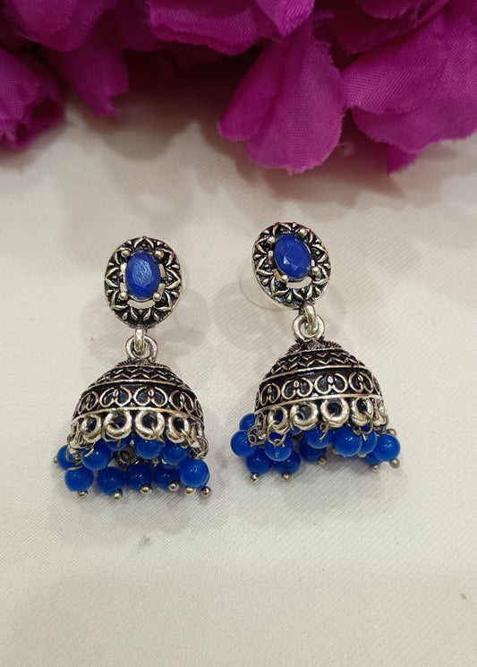 Stunning Blue Color Oxidized Jhumka Earrings For Women