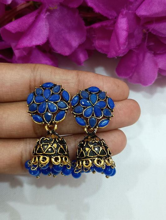 Beautiful Dark Blue Color Antique Gold Drop Design Earrings