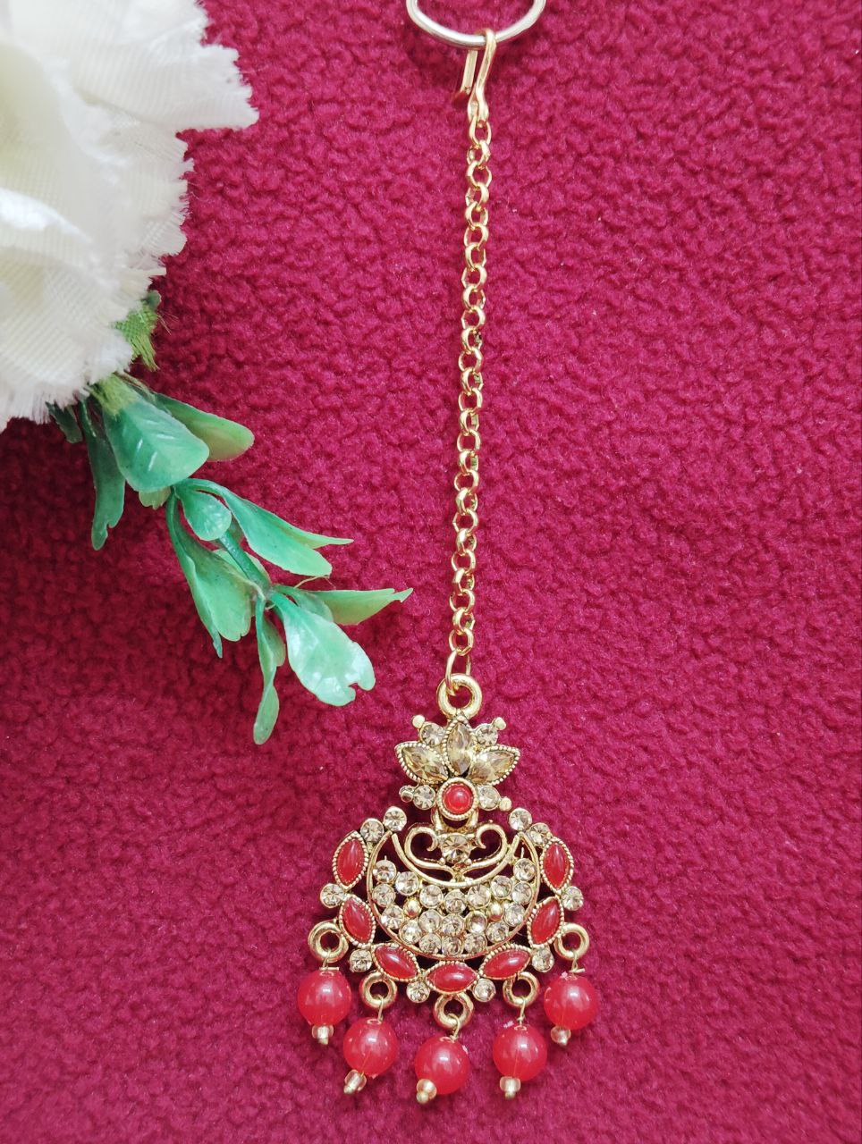 Elegant Red Color Beautiful Antique Gold Tikka Near Me