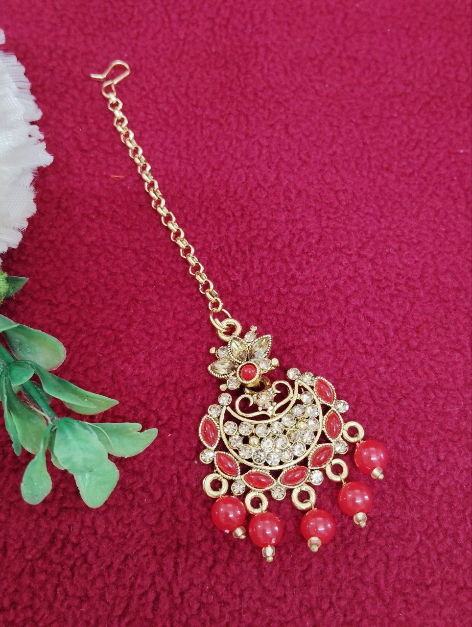 Elegant Red Color Beautiful Antique Gold Tikka