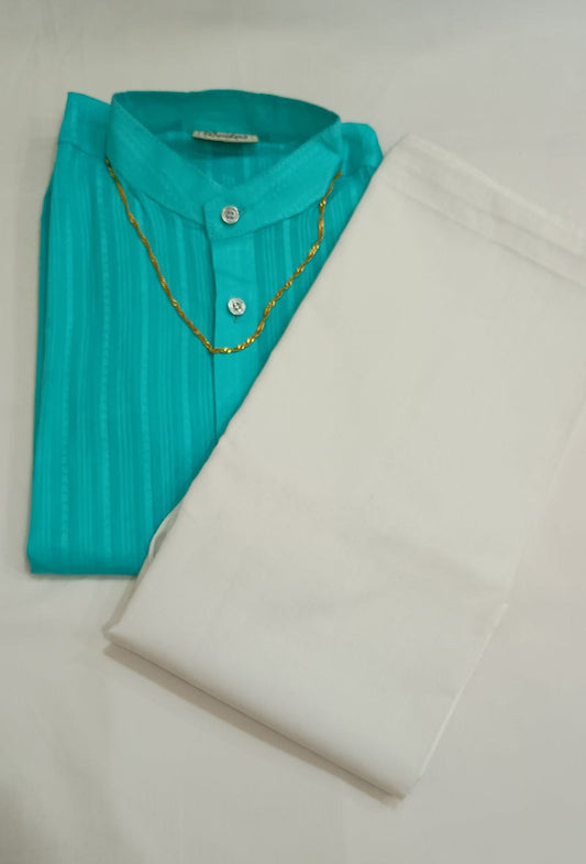 Attractive Sky Blue Colored Cotton Plain Kurta And Pajama Pant With Chain For Boy's