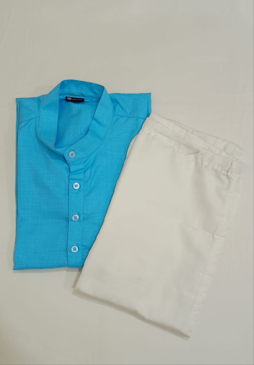 Beautiful Sky Blue Colored Cotton Men's Kurta With Pajama Pant