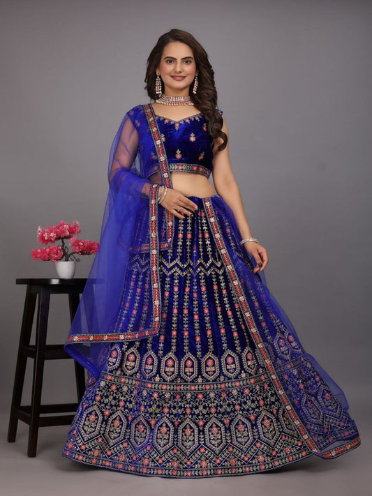 Stunning Navy Blue Colored Party Wear Velvet Lehenga Choli For Women