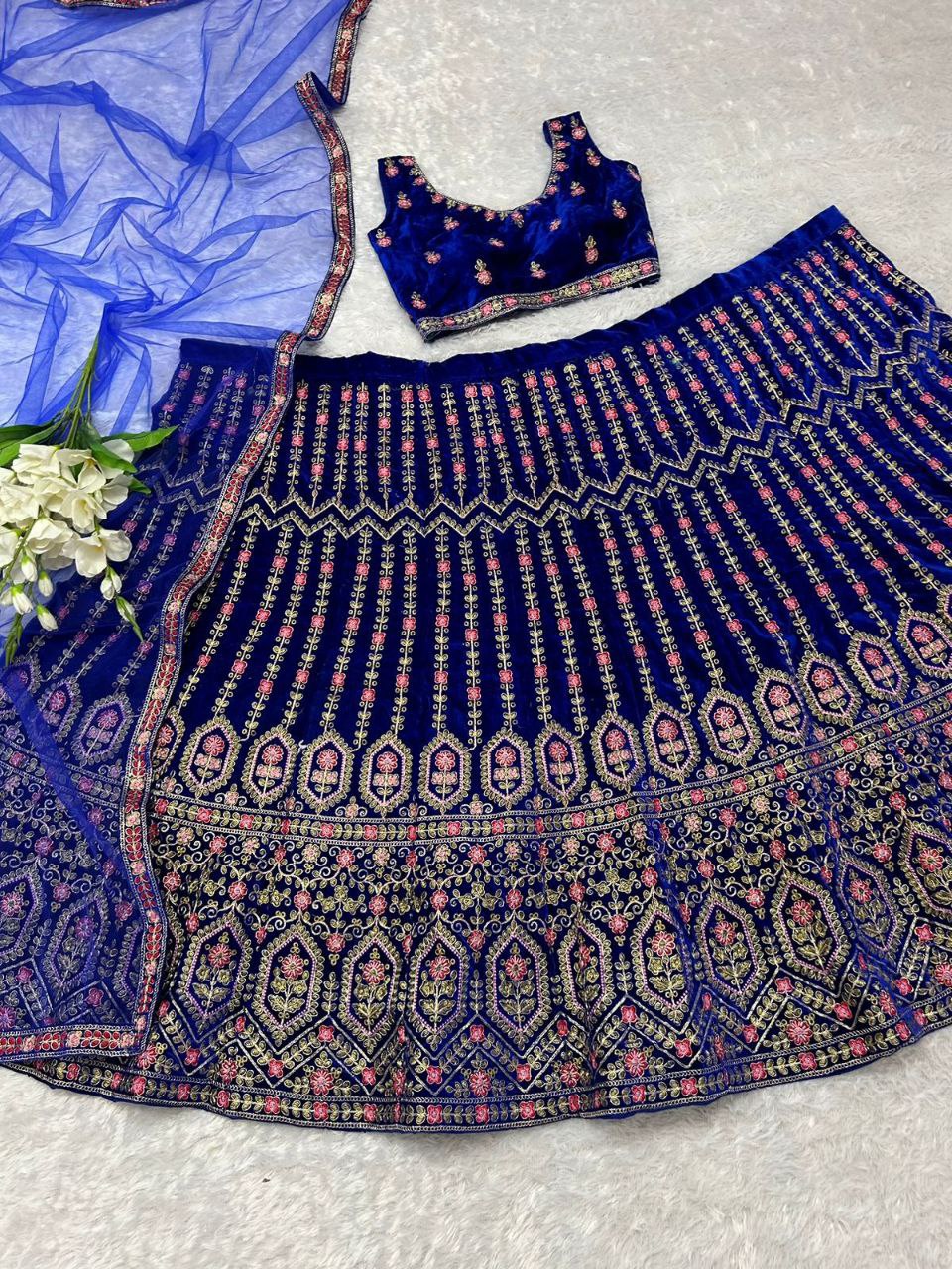 Navy Blue Colored Party Wear Velvet Lehenga Choli In Phoenix