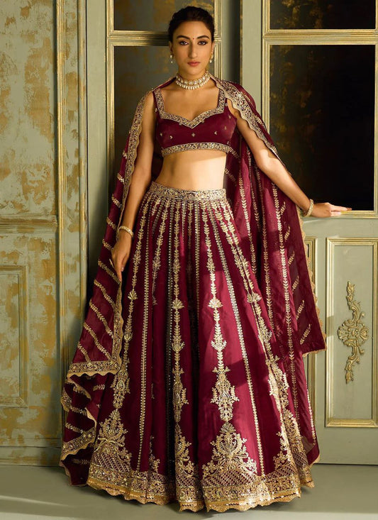 Impressive Maroon Colored Sequins With Zari Work Lehenga Choli