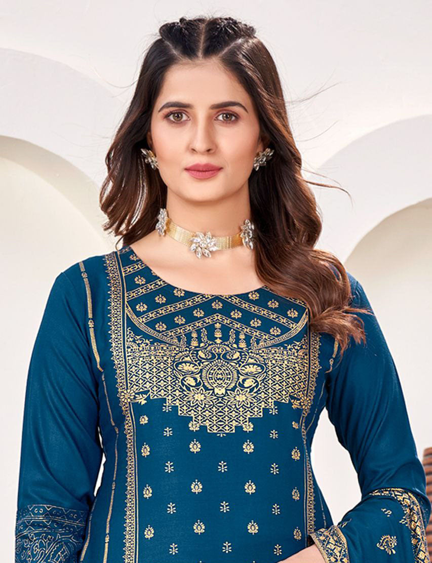 Attractive Teal Blue Colored Rayon Party Wear Salwar Suits Near Me