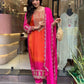 Attractive Pink Colored Pure Chinon Heavy Embroidery And Sequins Work Palazzo Suits For Women